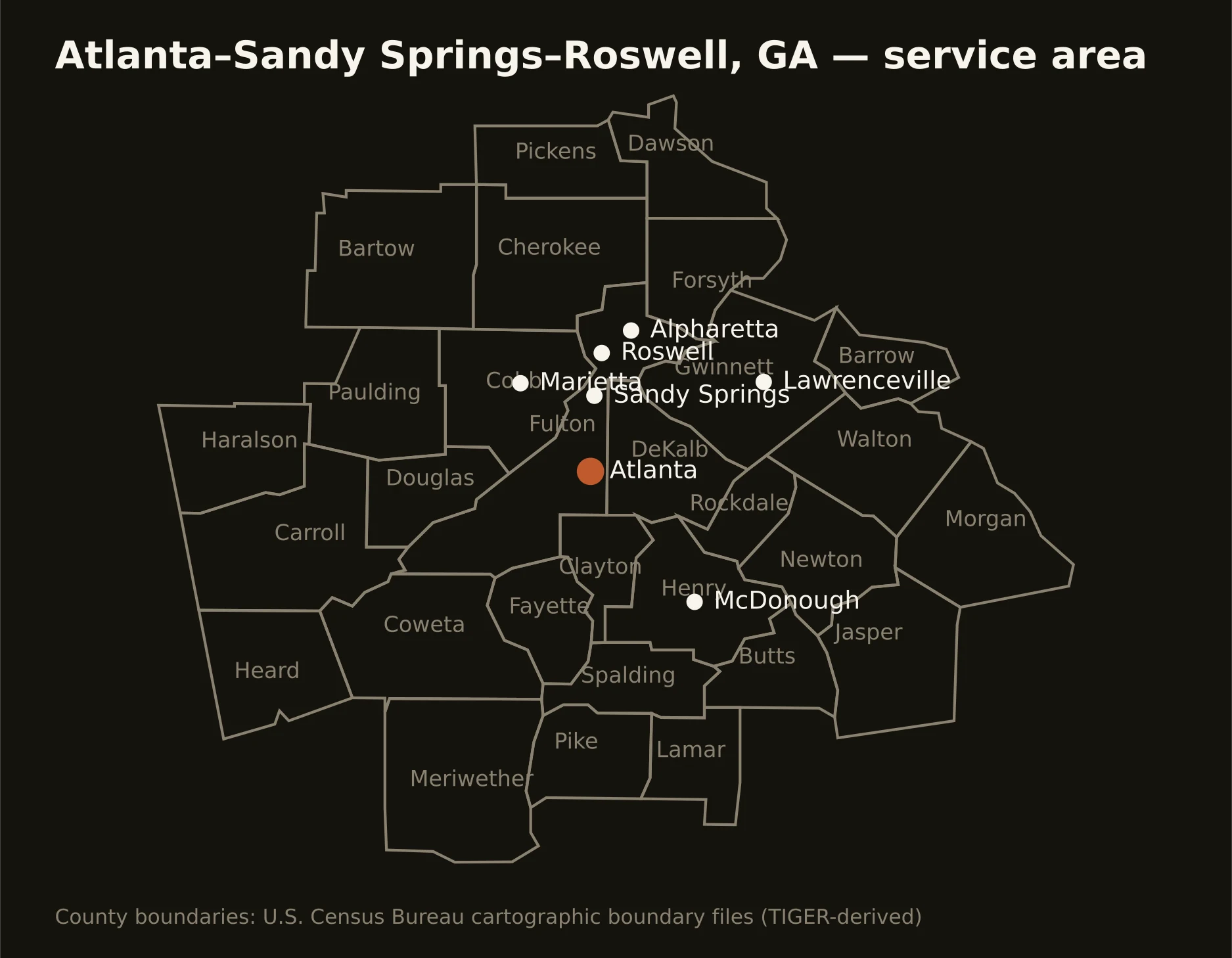 Atlanta–Sandy Springs–Roswell, GA directional drilling service area map — component counties and cities served